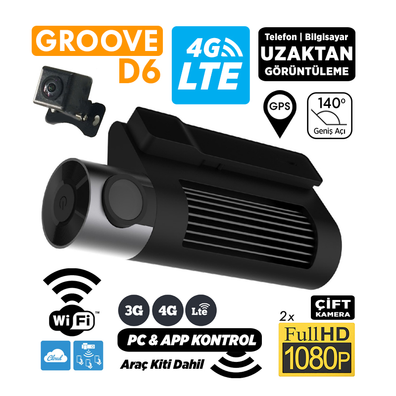 GROOVE D6 4G LTE Araç İçi Kamera - Uzaktan Erişim Canlı Video | WiFi | GPS | Full HD 1080p Ön Arka 2x Kamera | Çift Yönlü Konuşma