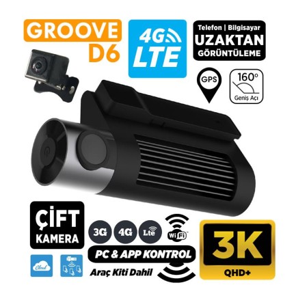 GROOVE D6 4G LTE 3K QHD Ön+Arka Araç İçi Kamera Sim Kart Destekli Uzaktan Erişim Canlı Takip|WiFi|GPS|160° Geniş Açı|G-Sensor|Çift Yönlü Konuşma| - Thumbnail