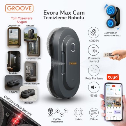 GROOVE - Groove Evora Max Akıllı Uygulama Kontrollü Cam Temizleme Silme Robotu +Yapay Zeka Desteği+Ultra Sessiz+Akıllı Sensör+2 Ultrasonik Sprey