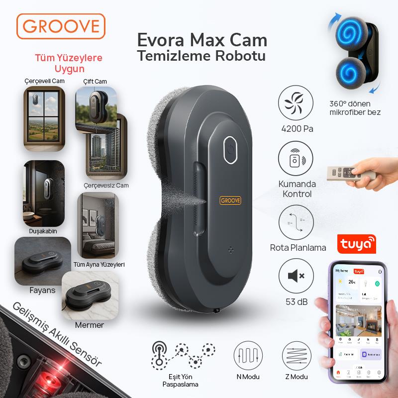 Groove Evora Max Akıllı Uygulama Kontrollü Cam Temizleme Silme Robotu +Yapay Zeka Desteği+Ultra Sessiz+Akıllı Sensör+2 Ultrasonik Sprey