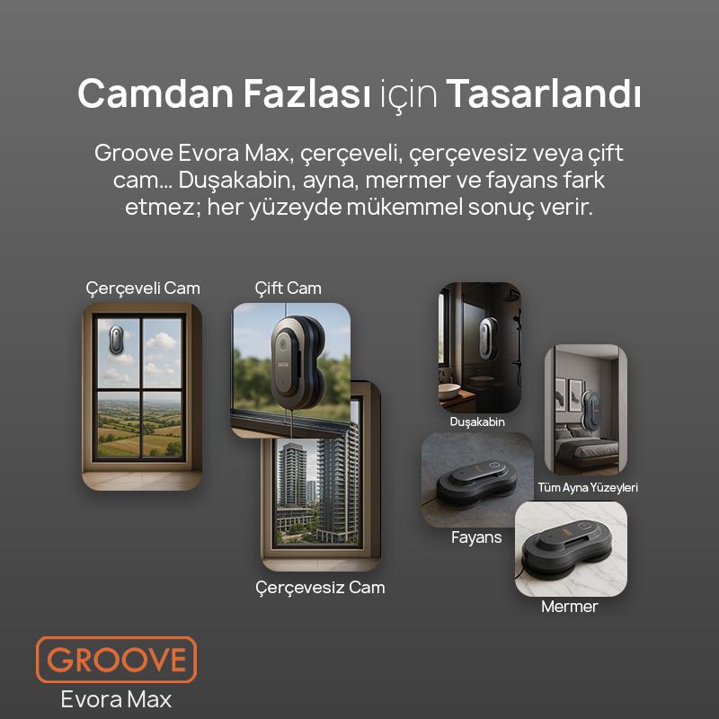 Groove Evora Max Akıllı Uygulama Kontrollü Cam Temizleme Silme Robotu +Yapay Zeka Desteği+Ultra Sessiz+Akıllı Sensör+2 Ultrasonik Sprey