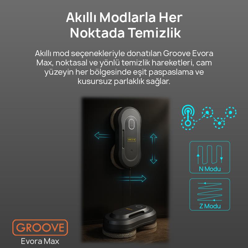 Groove Evora Max Akıllı Uygulama Kontrollü Cam Temizleme Silme Robotu +Yapay Zeka Desteği+Ultra Sessiz+Akıllı Sensör+2 Ultrasonik Sprey