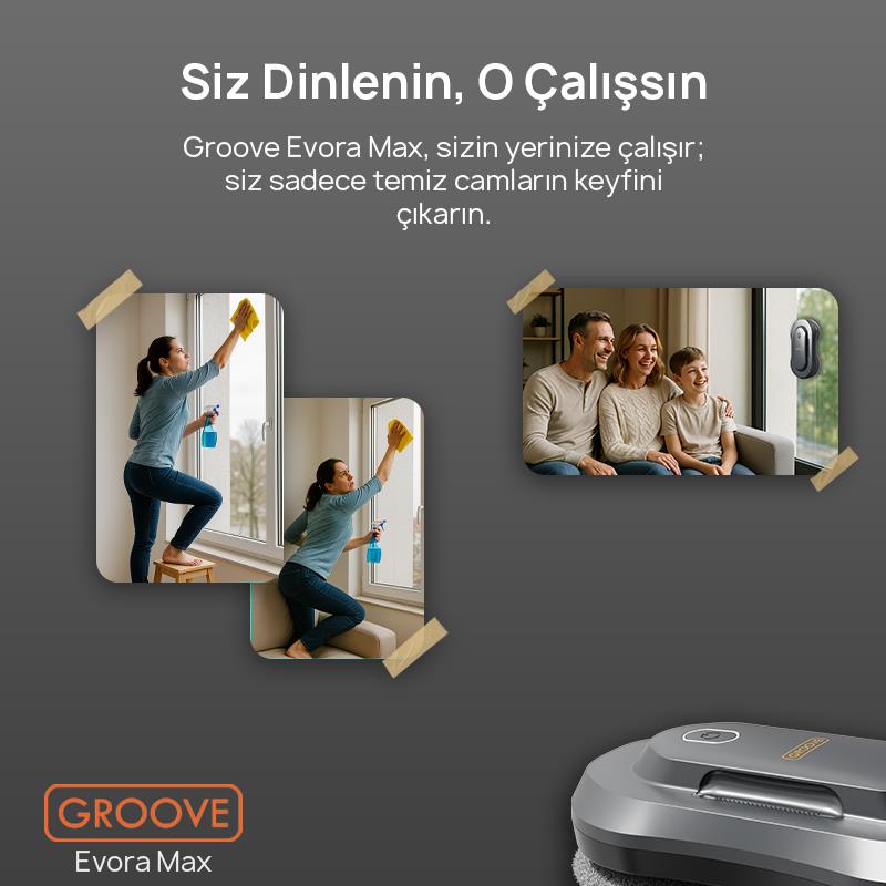 Groove Evora Max Akıllı Uygulama Kontrollü Cam Temizleme Silme Robotu +Yapay Zeka Desteği+Ultra Sessiz+Akıllı Sensör+2 Ultrasonik Sprey