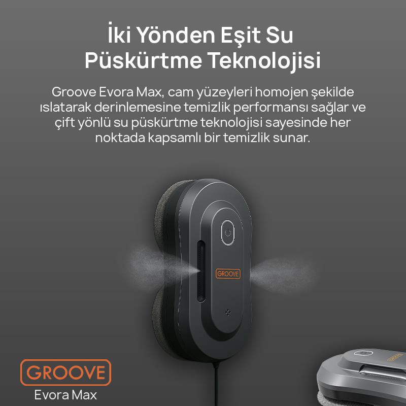 Groove Evora Max Akıllı Uygulama Kontrollü Cam Temizleme Silme Robotu +Yapay Zeka Desteği+Ultra Sessiz+Akıllı Sensör+2 Ultrasonik Sprey