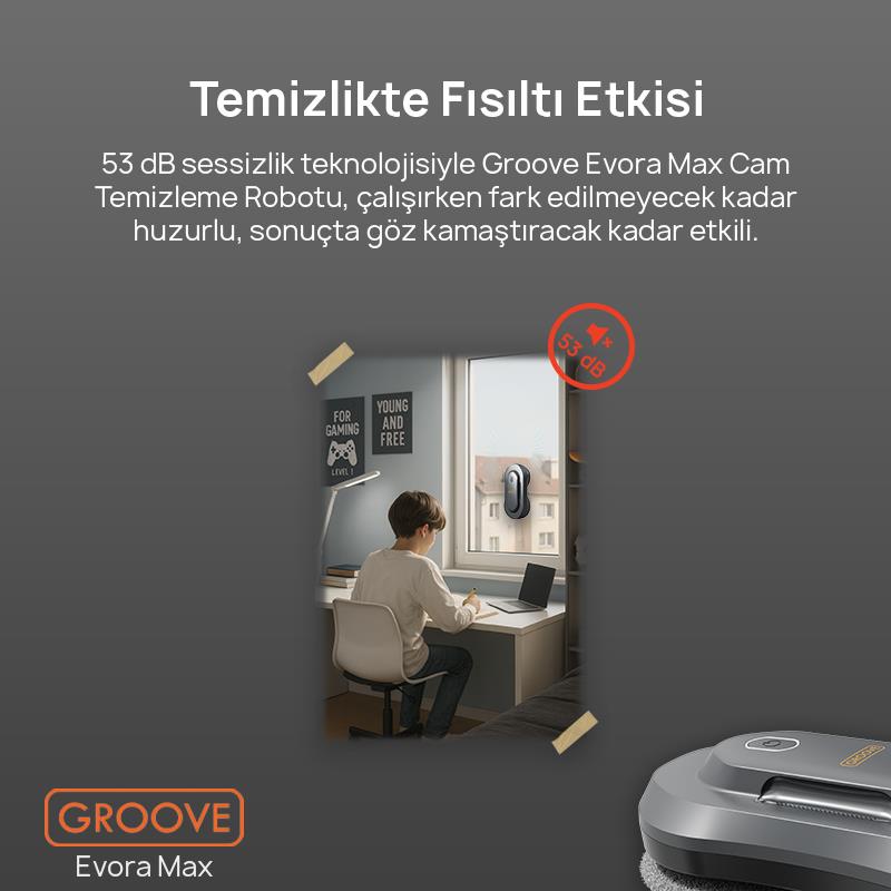 Groove Evora Max Akıllı Uygulama Kontrollü Cam Temizleme Silme Robotu +Yapay Zeka Desteği+Ultra Sessiz+Akıllı Sensör+2 Ultrasonik Sprey
