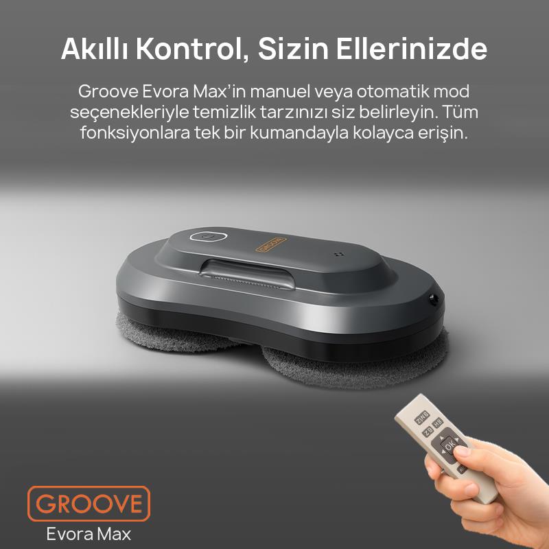 Groove Evora Max Akıllı Uygulama Kontrollü Cam Temizleme Silme Robotu +Yapay Zeka Desteği+Ultra Sessiz+Akıllı Sensör+2 Ultrasonik Sprey