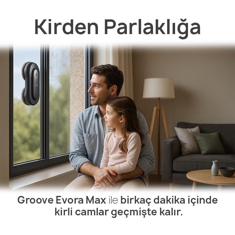 Groove Evora Max Akıllı Uygulama Kontrollü Cam Temizleme Silme Robotu +Yapay Zeka Desteği+Ultra Sessiz+Akıllı Sensör+2 Ultrasonik Sprey