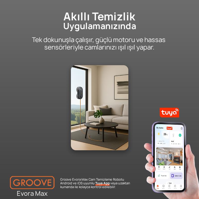 Groove Evora Max Akıllı Uygulama Kontrollü Cam Temizleme Silme Robotu +Yapay Zeka Desteği+Ultra Sessiz+Akıllı Sensör+2 Ultrasonik Sprey