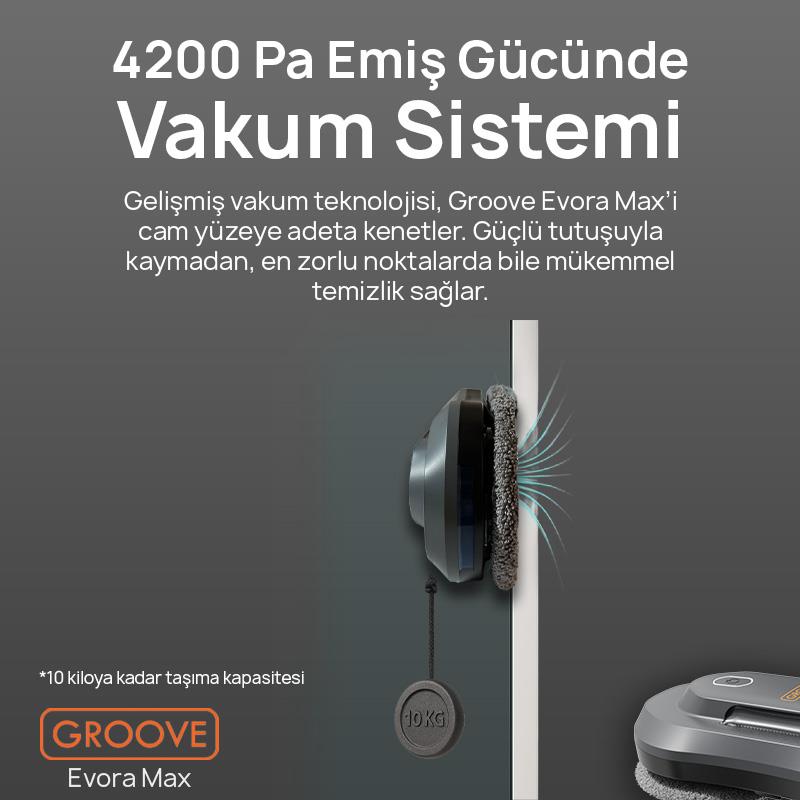 Groove Evora Max Akıllı Uygulama Kontrollü Cam Temizleme Silme Robotu +Yapay Zeka Desteği+Ultra Sessiz+Akıllı Sensör+2 Ultrasonik Sprey