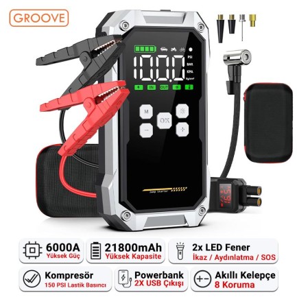 GROOVE - Groove F04 Akü Takviye Cihazı + Lastik Şişirme Kompresörlü Taşınabilir Jump Starter