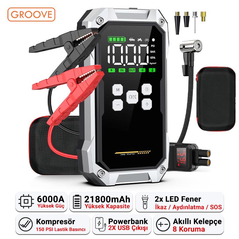 Groove F04 Akü Takviye Cihazı + Lastik Şişirme Kompresörlü Taşınabilir Jump Starter