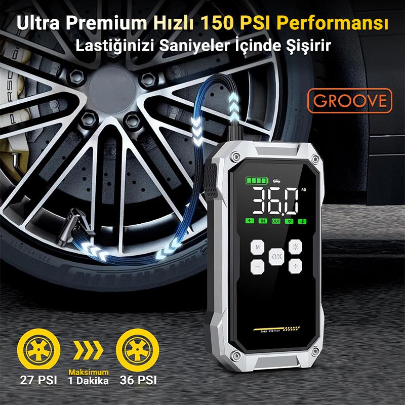 Groove F04 Akü Takviye Cihazı + Lastik Şişirme Kompresörlü Taşınabilir Jump Starter