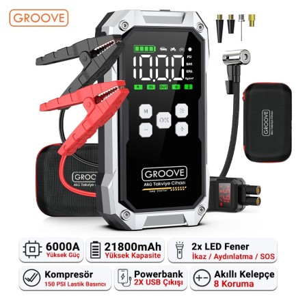 GROOVE - GROOVE F04 21800mAh 6000A Akü Takviye Cihazı+Lastik Şişirme Pompası Kompresörlü Jump Starter (Çanta+Powerbank+Led Lamba+LCD Ekran)