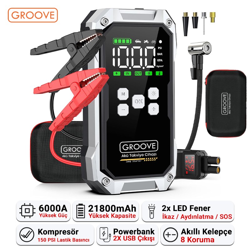 GROOVE F04 21800mAh 6000A Akü Takviye Cihazı+Lastik Şişirme Pompası Kompresörlü Jump Starter (Çanta+Powerbank+Led Lamba+LCD Ekran)
