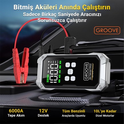 GROOVE F04 21800mAh 6000A Akü Takviye Cihazı+Lastik Şişirme Pompası Kompresörlü Jump Starter (Çanta+Powerbank+Led Lamba+LCD Ekran) - Thumbnail