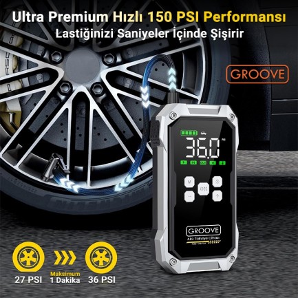 GROOVE F04 21800mAh 6000A Akü Takviye Cihazı+Lastik Şişirme Pompası Kompresörlü Jump Starter (Çanta+Powerbank+Led Lamba+LCD Ekran) - Thumbnail