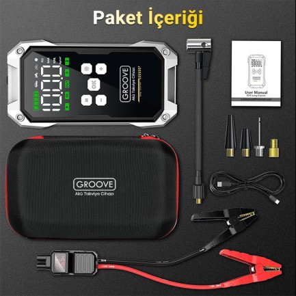 GROOVE F04 21800mAh 6000A Akü Takviye Cihazı+Lastik Şişirme Pompası Kompresörlü Jump Starter (Çanta+Powerbank+Led Lamba+LCD Ekran) - Thumbnail