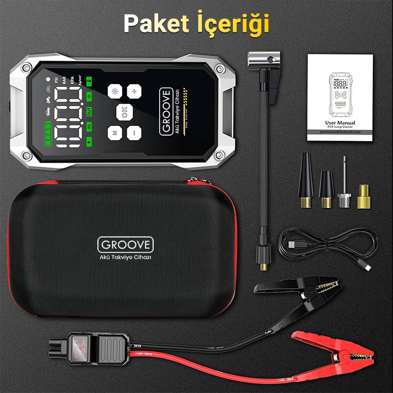 GROOVE F04 21800mAh 6000A Akü Takviye Cihazı+Lastik Şişirme Pompası Kompresörlü Jump Starter (Çanta+Powerbank+Led Lamba+LCD Ekran)