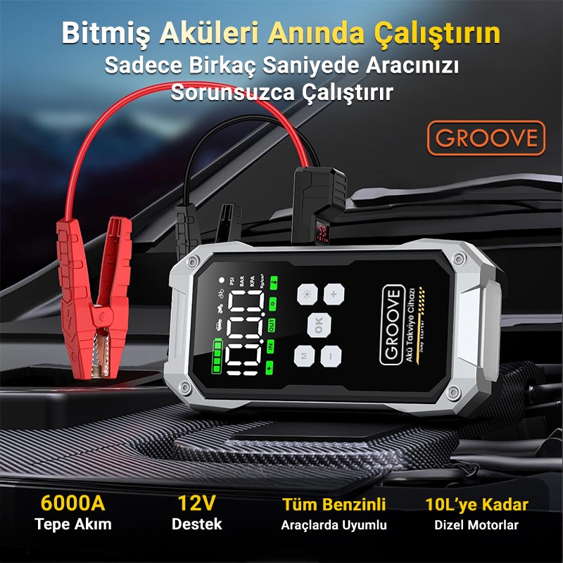 GROOVE F04 21800mAh 6000A Akü Takviye Cihazı+Lastik Şişirme Pompası Kompresörlü Jump Starter (Çanta+Powerbank+Led Lamba+LCD Ekran)
