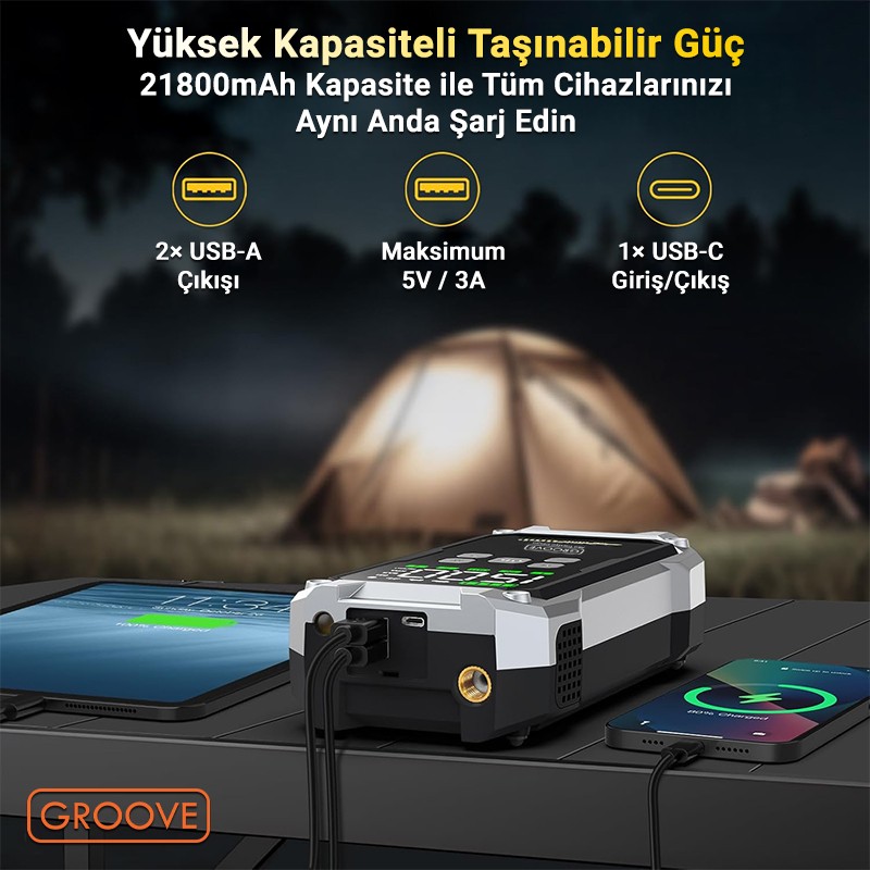GROOVE F04 21800mAh 6000A Akü Takviye Cihazı+Lastik Şişirme Pompası Kompresörlü Jump Starter (Çanta+Powerbank+Led Lamba+LCD Ekran)