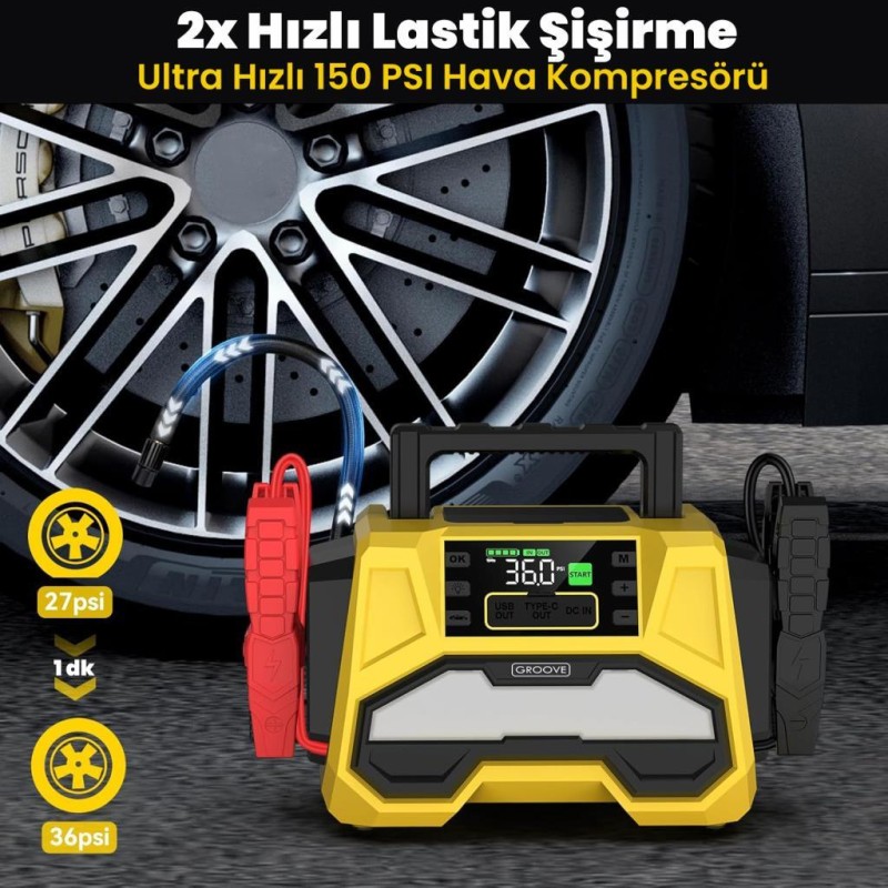 GROOVE F05 42000mAh 8000A Akü Takviye Cihazı +Lastik Şişirme Kompresörlü Taşınabilir Jump Starter+PD 30W Hızlı Şarj (Kompresör+Powerbank+Led Lamba+LCD Ekran)