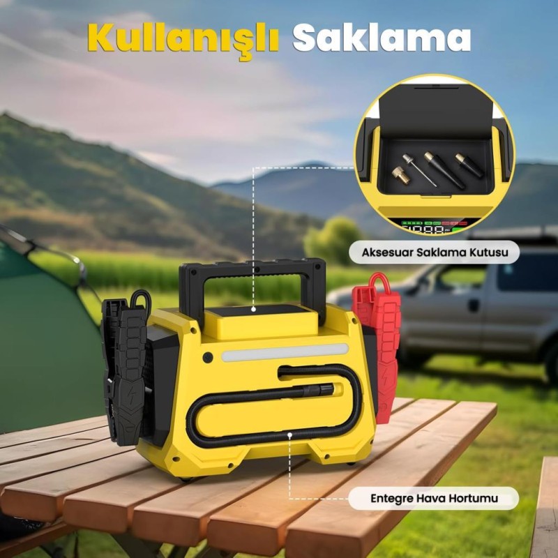 GROOVE F05 42000mAh 8000A Akü Takviye Cihazı +Lastik Şişirme Kompresörlü Taşınabilir Jump Starter+PD 30W Hızlı Şarj (Kompresör+Powerbank+Led Lamba+LCD Ekran)