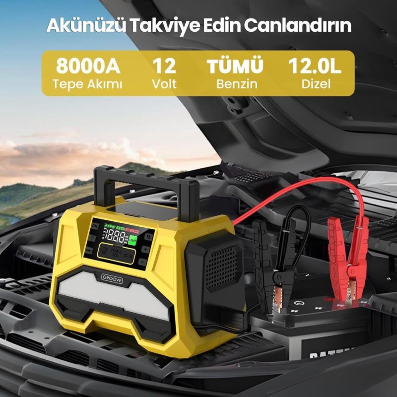 GROOVE F05 42000mAh 8000A Akü Takviye Cihazı +Lastik Şişirme Kompresörlü Taşınabilir Jump Starter+PD 30W Hızlı Şarj (Kompresör+Powerbank+Led Lamba+LCD Ekran)