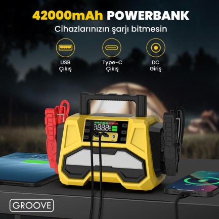 GROOVE F05 42000mAh 8000A Akü Takviye Cihazı +Lastik Şişirme Kompresörlü Taşınabilir Jump Starter+PD 30W Hızlı Şarj (Kompresör+Powerbank+Led Lamba+LCD Ekran) - Thumbnail