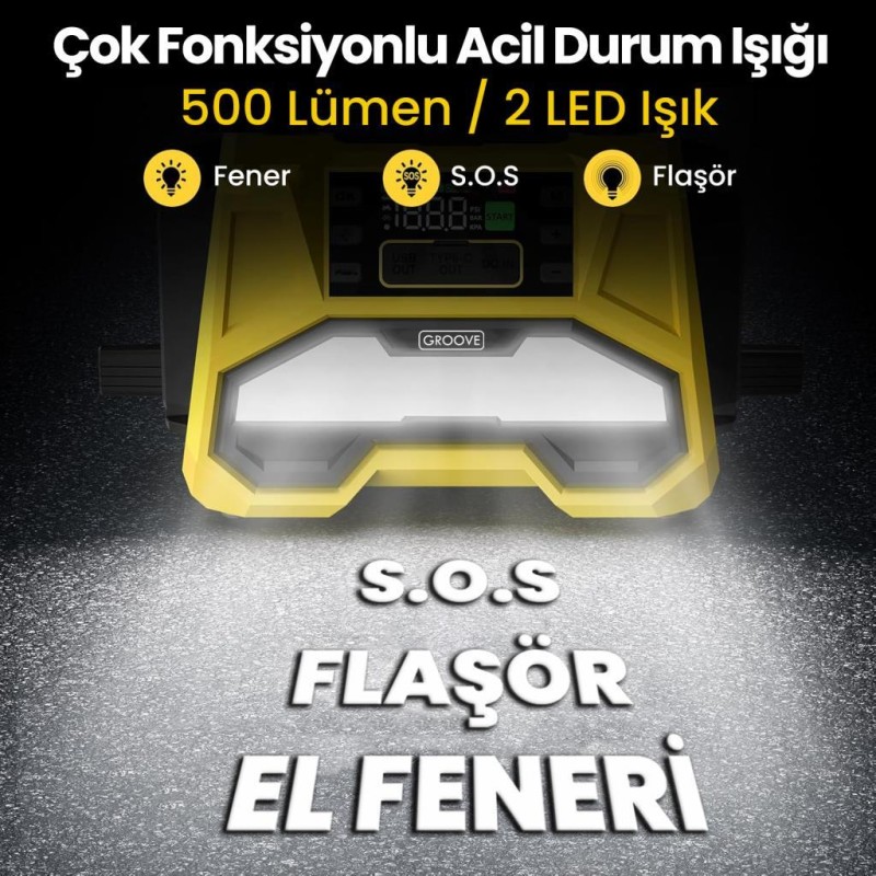 GROOVE F05 42000mAh 8000A Akü Takviye Cihazı +Lastik Şişirme Kompresörlü Taşınabilir Jump Starter+PD 30W Hızlı Şarj (Kompresör+Powerbank+Led Lamba+LCD Ekran)