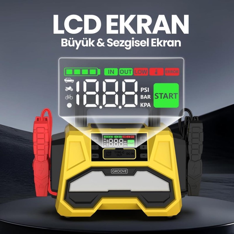 GROOVE F05 42000mAh 8000A Akü Takviye Cihazı +Lastik Şişirme Kompresörlü Taşınabilir Jump Starter+PD 30W Hızlı Şarj (Kompresör+Powerbank+Led Lamba+LCD Ekran)