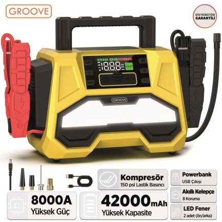 GROOVE - GROOVE F05 42000mAh 8000A Akü Takviye Cihazı +Lastik Şişirme Kompresörlü Taşınabilir Jump Starter+PD 30W Hızlı Şarj (Kompresör+Powerbank+Led Lamba+LCD Ekran)
