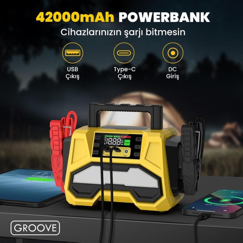 GROOVE F05 42000mAh 8000A Akü Takviye Cihazı +Lastik Şişirme Kompresörlü Taşınabilir Jump Starter+PD 30W Hızlı Şarj (Kompresör+Powerbank+Led Lamba+LCD Ekran)