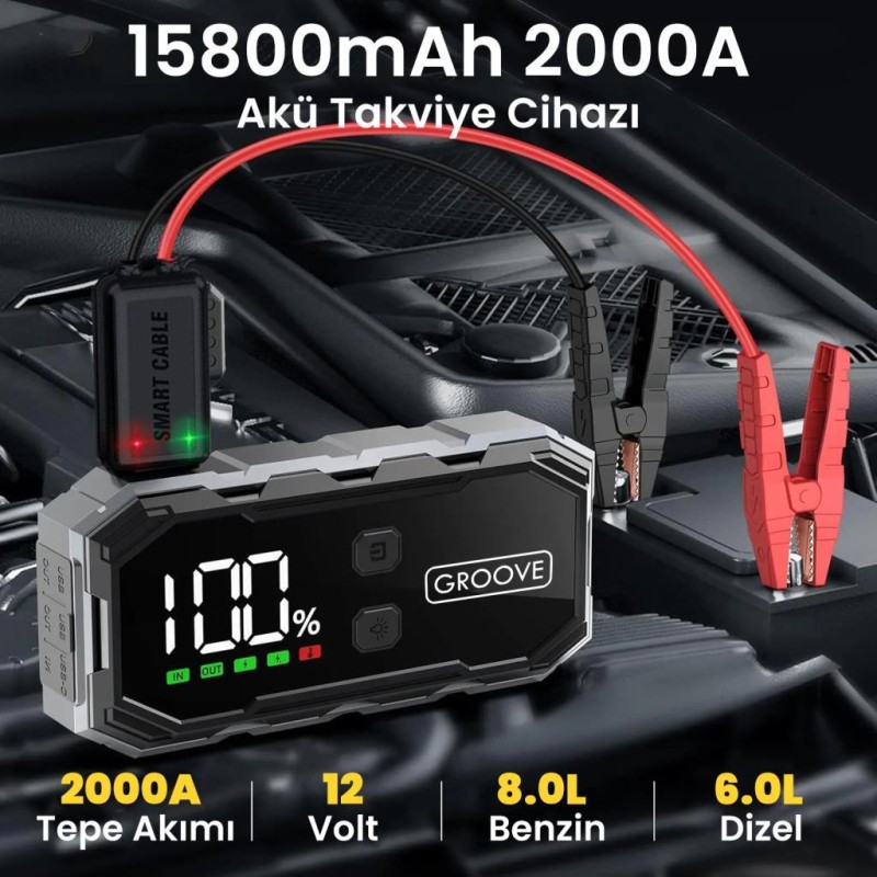 GROOVE F11 15800mAh 2000A Akü Takviye Cihazı Taşınabilir Jump Starter (Powerbank+Led Lamba+LCD Ekran)