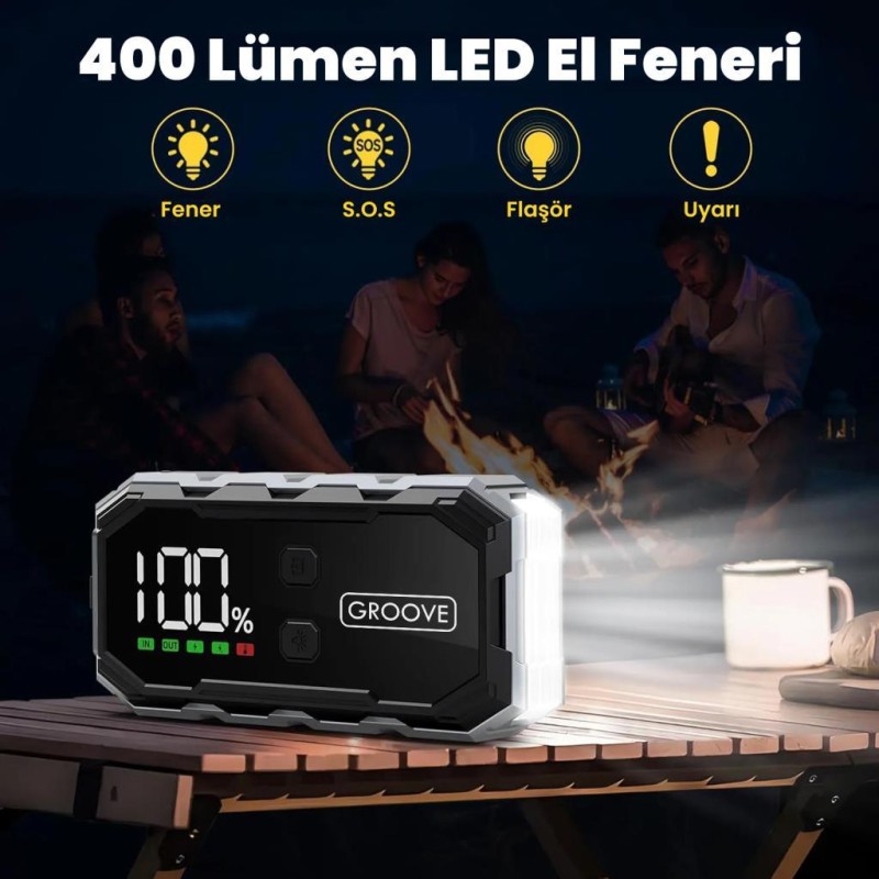 GROOVE F11 15800mAh 2000A Akü Takviye Cihazı Taşınabilir Jump Starter (Powerbank+Led Lamba+LCD Ekran)