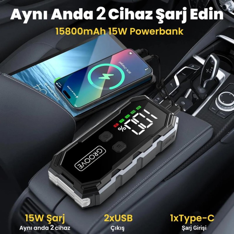 GROOVE F11 15800mAh 2000A Akü Takviye Cihazı Taşınabilir Jump Starter (Powerbank+Led Lamba+LCD Ekran)