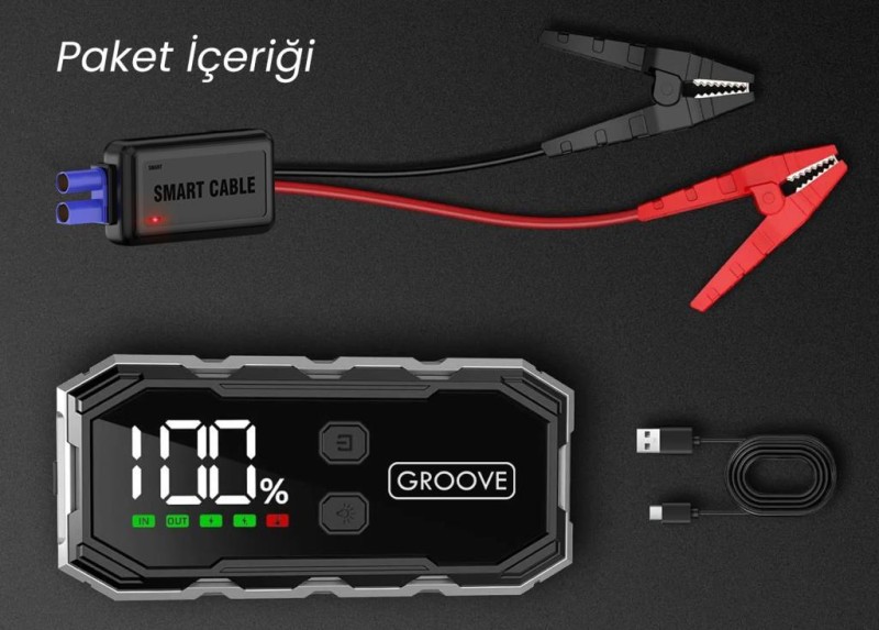 GROOVE F11 15800mAh 2000A Akü Takviye Cihazı Taşınabilir Jump Starter (Powerbank+Led Lamba+LCD Ekran)