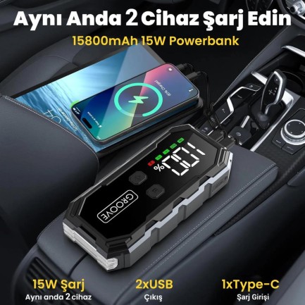 GROOVE F11 15800mAh 2000A Akü Takviye Cihazı Taşınabilir Jump Starter (Powerbank+Led Lamba+LCD Ekran) - Thumbnail