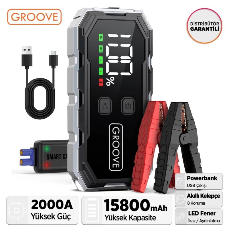 GROOVE F11 15800mAh 2000A Akü Takviye Cihazı Taşınabilir Jump Starter (Powerbank+Led Lamba+LCD Ekran)