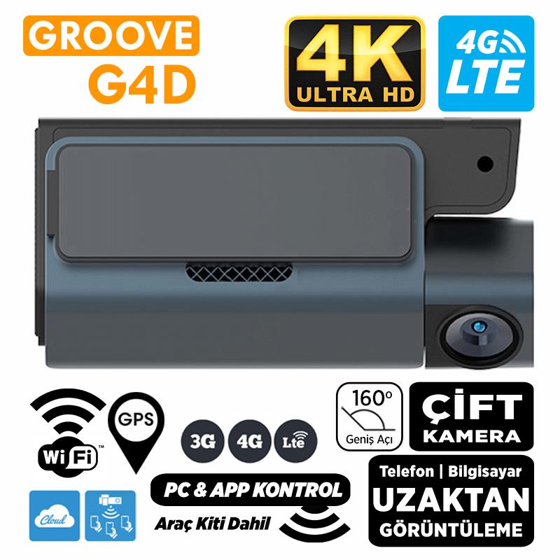 GROOVE G4D 4G LTE 4K UHD Ön+Arka Araç İçi Kamera Sim Kart Destekli Uzaktan Erişim Canlı Video |WiFi|GPS|160° Geniş Açı|G-Sensor|Çift Yönlü Konuşma|