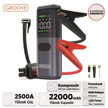 GROOVE - GROOVE HCB002 22000mAh 2500A Akü Takviye Cihazı + Lastik Şişirme Kompresörlü Taşınabilir Jump Starter (Kompresör+Powerbank+Led Lamba+LCD Ekran) (ÖN SİPARİŞ - 29 NİSAN)