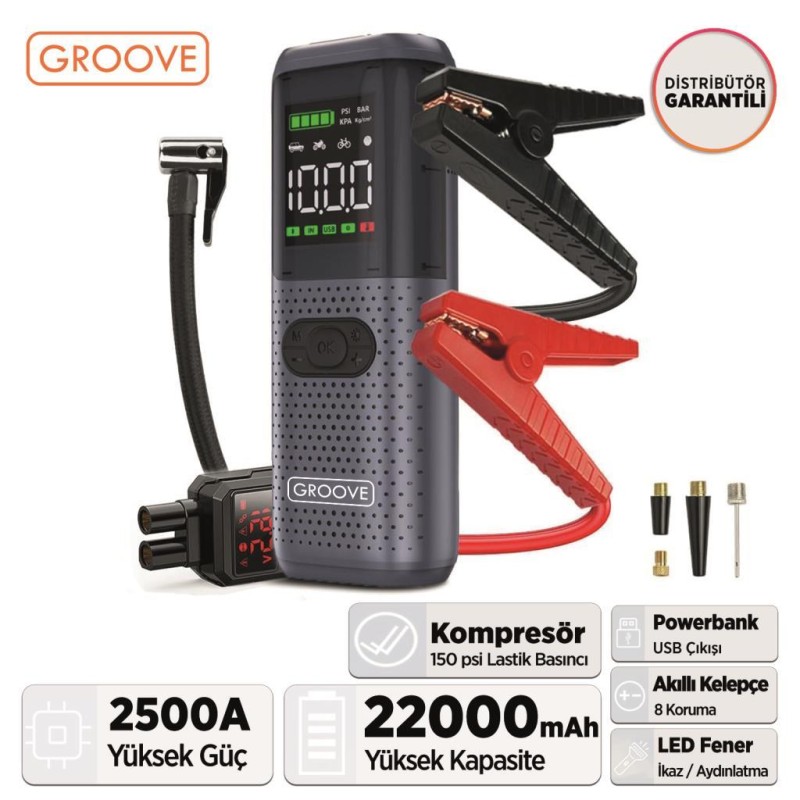 GROOVE HCB002 22000mAh 2500A Akü Takviye Cihazı + Lastik Şişirme Kompresörlü Taşınabilir Jump Starter (Kompresör+Powerbank+Led Lamba+LCD Ekran) 