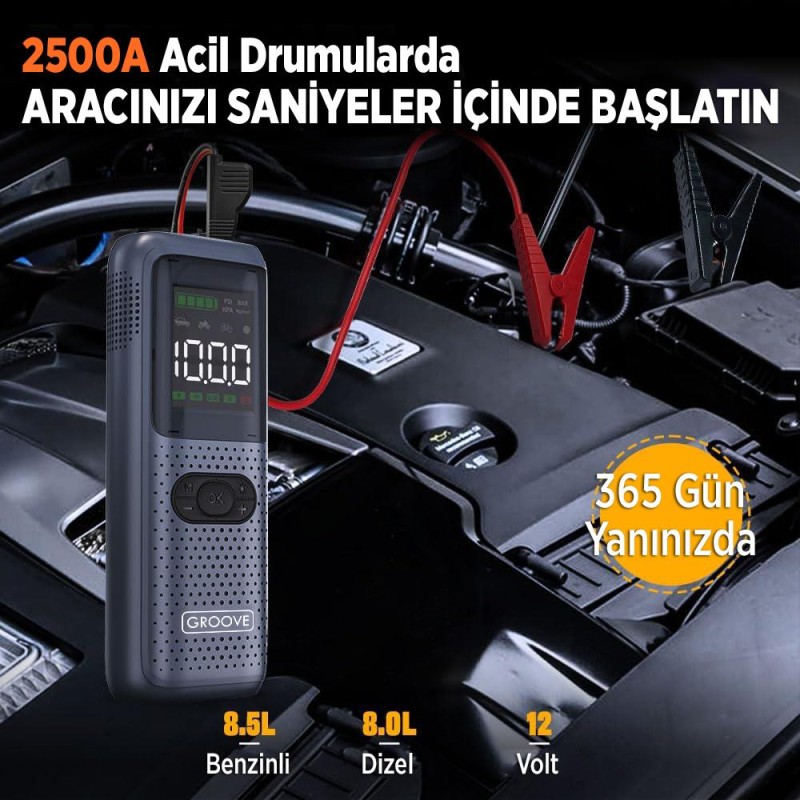 GROOVE HCB002 22000mAh 2500A Akü Takviye Cihazı + Lastik Şişirme Kompresörlü Taşınabilir Jump Starter (Kompresör+Powerbank+Led Lamba+LCD Ekran) 