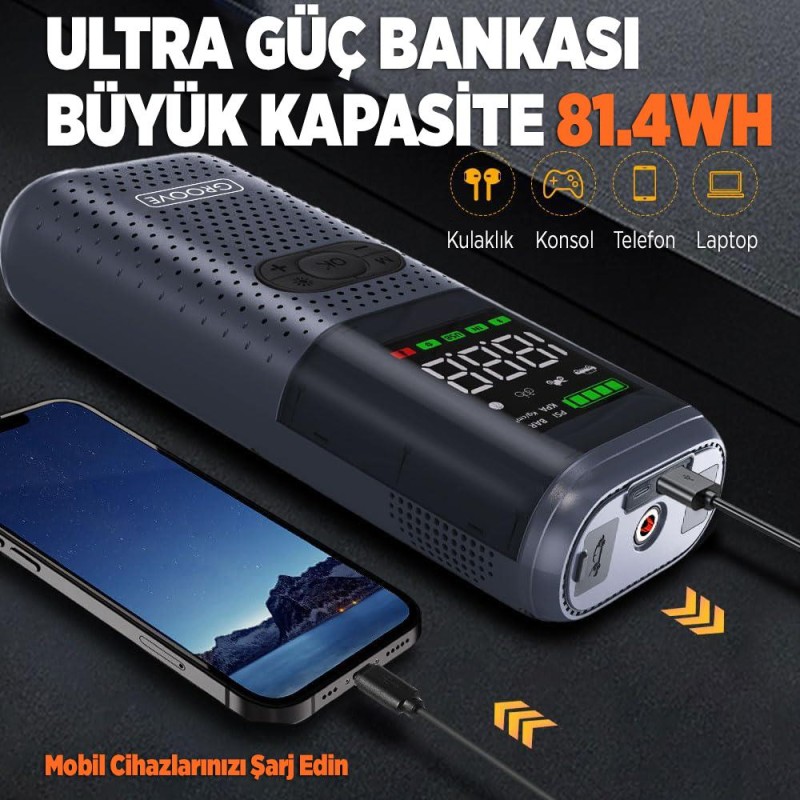GROOVE HCB002 22000mAh 2500A Akü Takviye Cihazı + Lastik Şişirme Kompresörlü Taşınabilir Jump Starter (Kompresör+Powerbank+Led Lamba+LCD Ekran) 