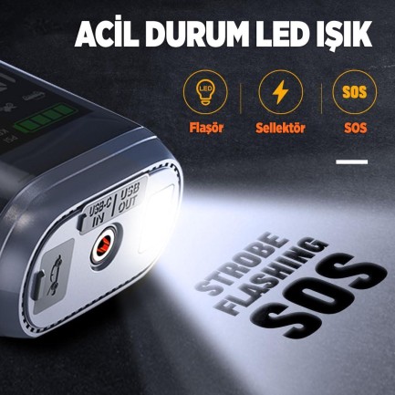 GROOVE HCB002 22000mAh 2500A Akü Takviye Cihazı + Lastik Şişirme Kompresörlü Taşınabilir Jump Starter (Kompresör+Powerbank+Led Lamba+LCD Ekran) - Thumbnail