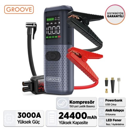GROOVE - GROOVE HCB002 24400mAh 3000A Akü Takviye Cihazı +Lastik Şişirme Kompresörlü Taşınabilir Jump Starter (Kompresör+Powerbank+Led Lamba+LCD Ekran) 