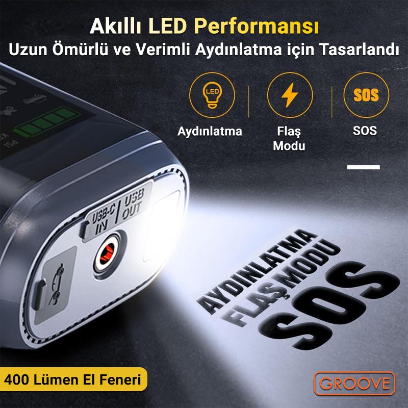 GROOVE HCB002 24400mAh 3000A Akü Takviye Cihazı +Lastik Şişirme Kompresörlü Taşınabilir Jump Starter (Kompresör+Powerbank+Led Lamba+LCD Ekran)