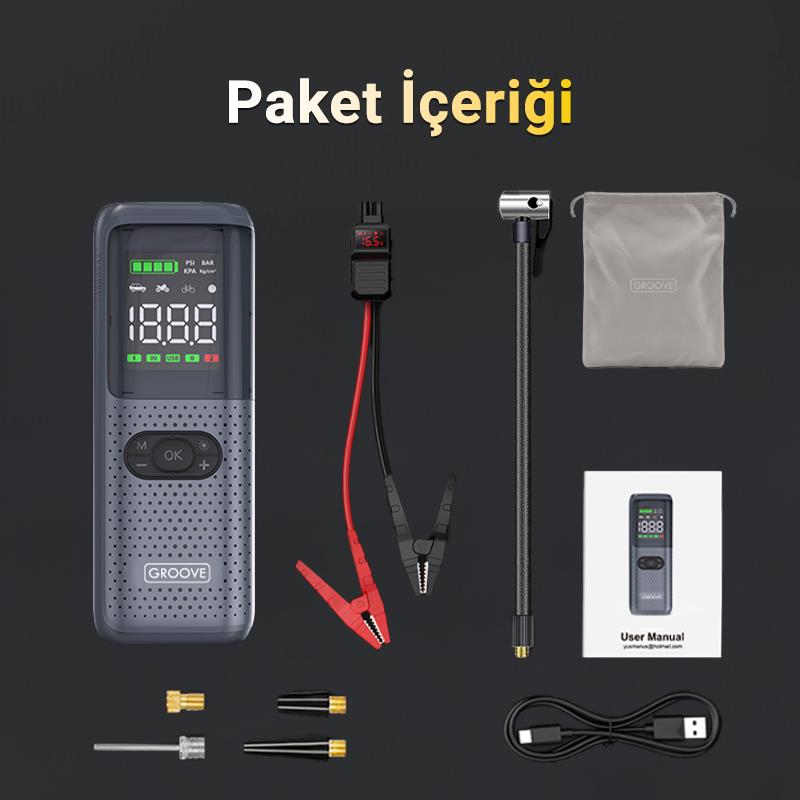 GROOVE HCB002 24400mAh 3000A Akü Takviye Cihazı +Lastik Şişirme Kompresörlü Taşınabilir Jump Starter (Kompresör+Powerbank+Led Lamba+LCD Ekran)