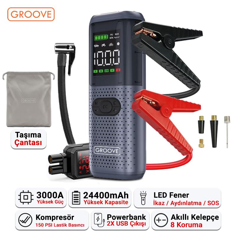 GROOVE HCB002 24400mAh 3000A Akü Takviye Cihazı +Lastik Şişirme Kompresörlü Taşınabilir Jump Starter (Kompresör+Powerbank+Led Lamba+LCD Ekran)