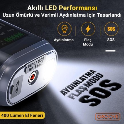 GROOVE HCB002 24400mAh 3000A Akü Takviye Cihazı +Lastik Şişirme Kompresörlü Taşınabilir Jump Starter (Kompresör+Powerbank+Led Lamba+LCD Ekran) - Thumbnail
