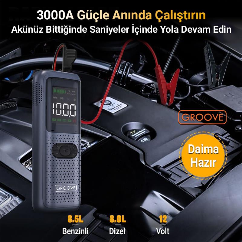 GROOVE HCB002 24400mAh 3000A Akü Takviye Cihazı +Lastik Şişirme Kompresörlü Taşınabilir Jump Starter (Kompresör+Powerbank+Led Lamba+LCD Ekran)